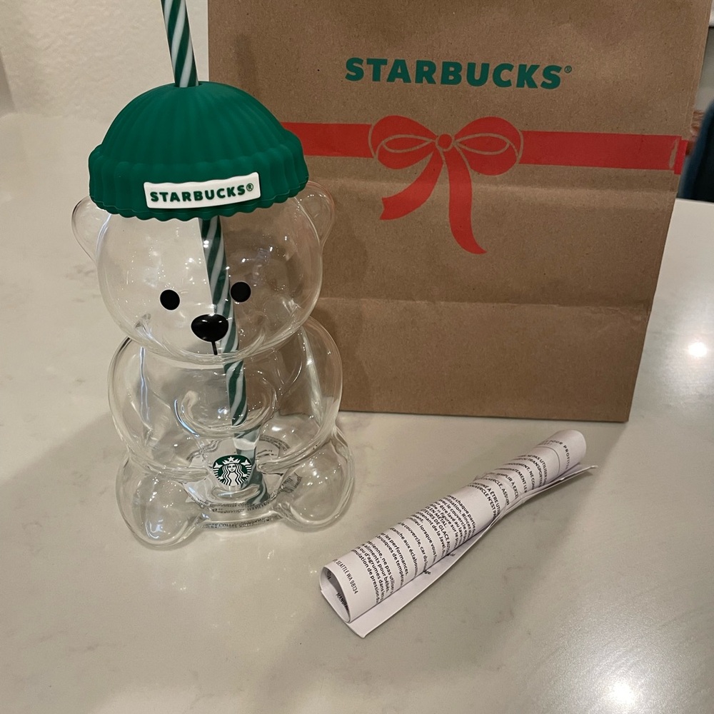 Starbucks Bearista Bear Glass with Green Lid, NWT